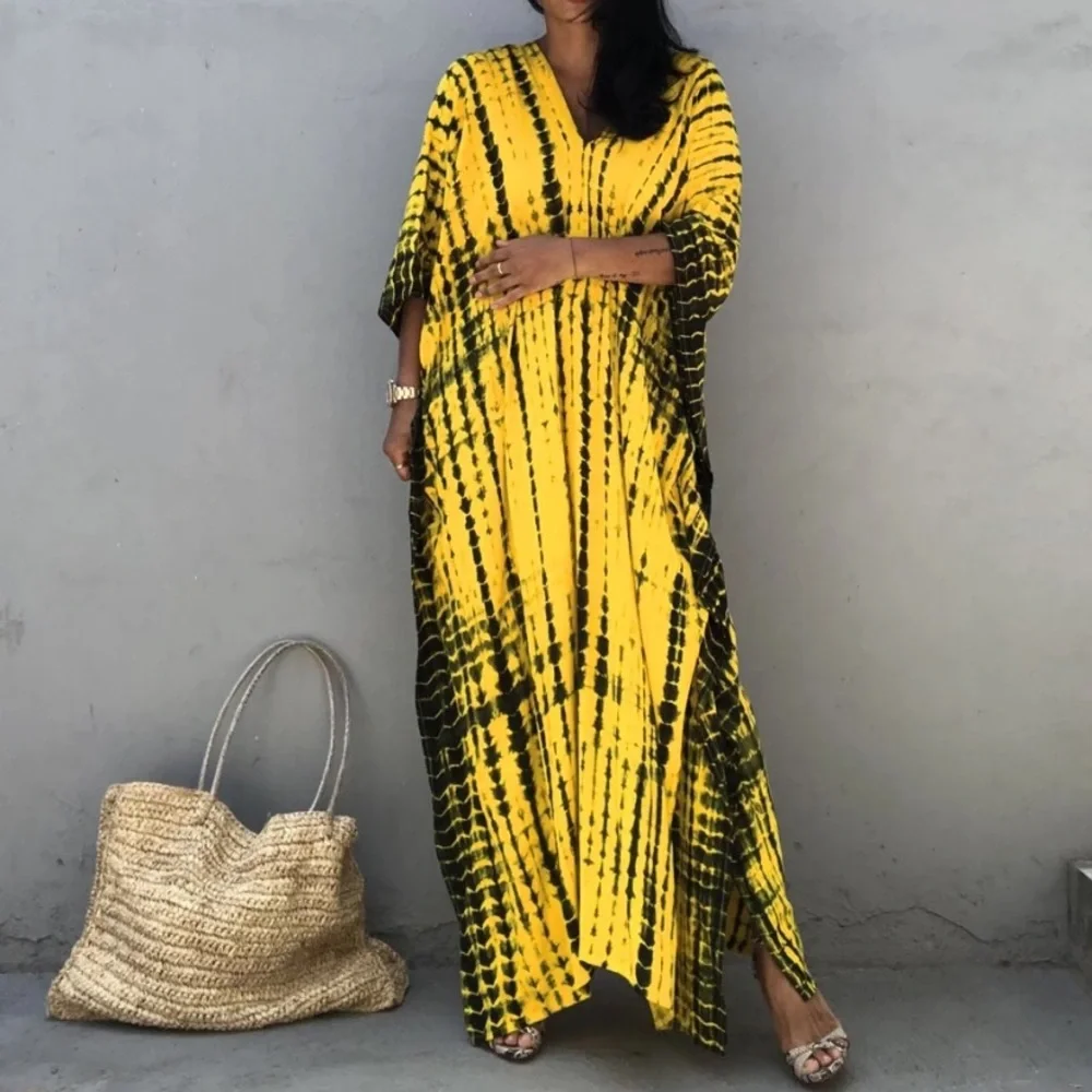 SOLD OUT Yellow & Black Bohemian Tie Dye Kaftan Kimono Dress - Picture 1 of 9